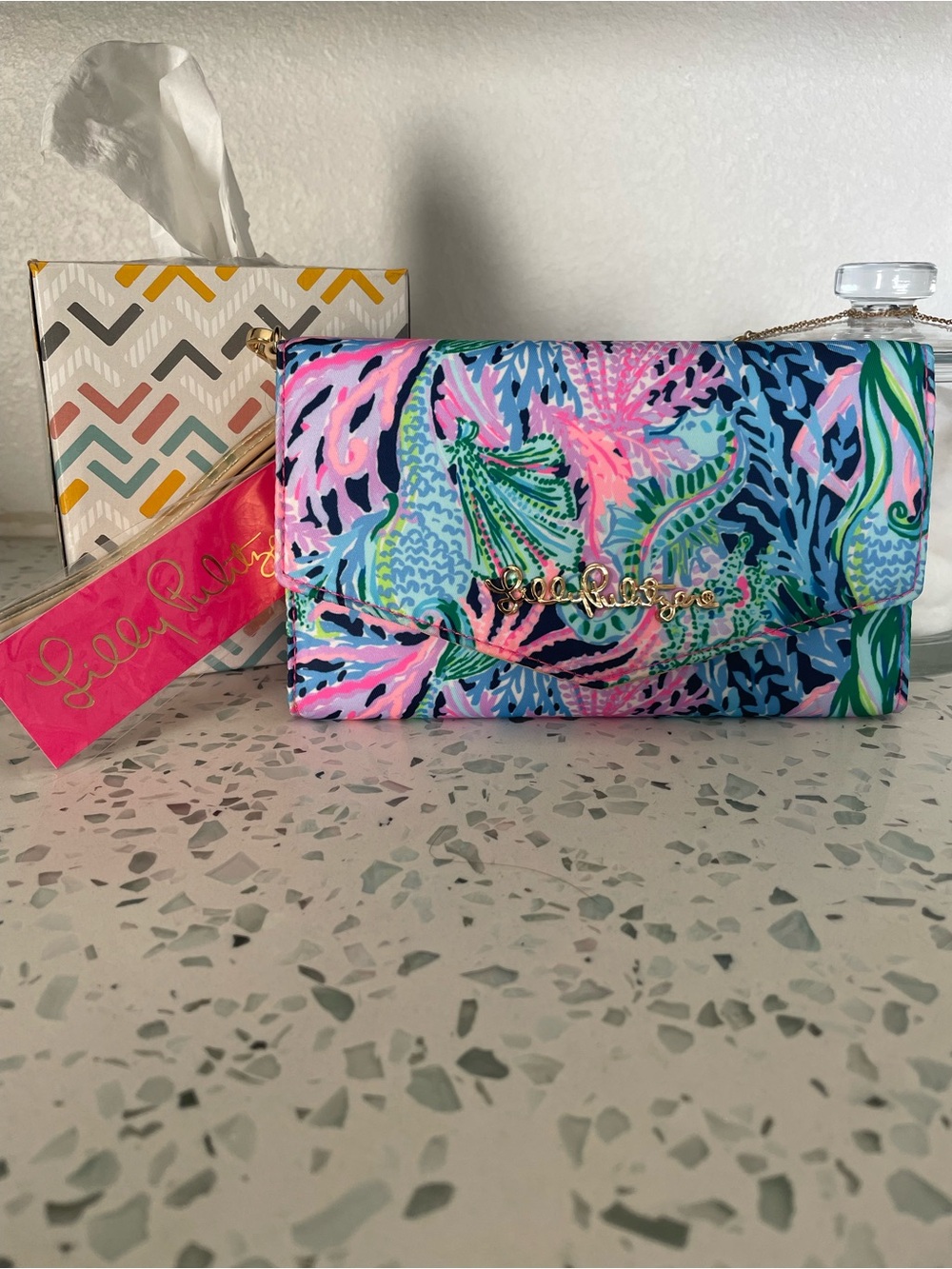 Lilly Pulitzer Blue Pink Tropical-Print Crossbody Wallet